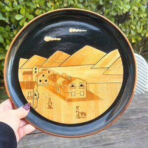 Vintage SIGNED Marquetry Inlaid Wood Art Wall Hanging Town Village Scene Ecuador